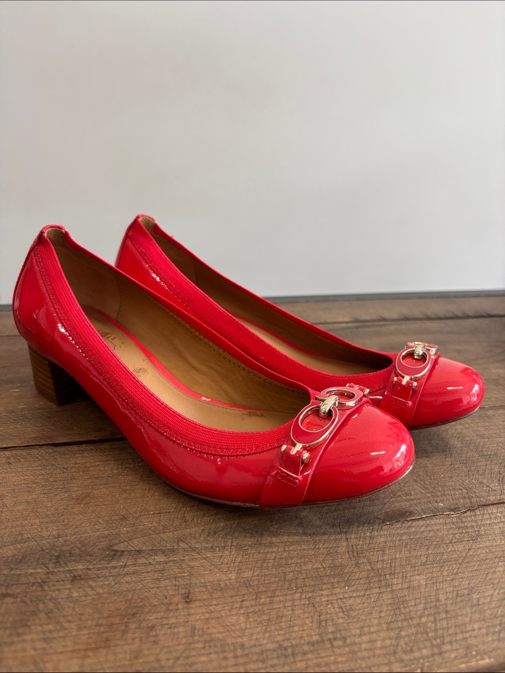 Coach Red Patent Leather Low Heel Ballet Flats with Gold Buckle